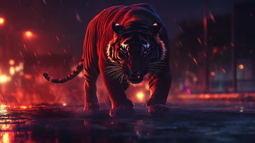 Cyber-noir tiger advances through neon rain-slicked streets