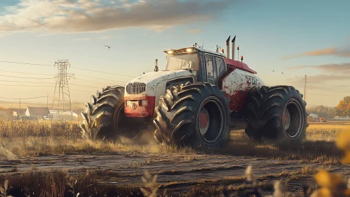 Mighty red farm tractor rolls through a golden sunrise field