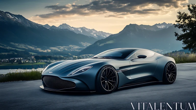 Sports coupe parked on mountain road at sunset landscape.