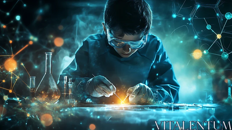 Curious young scientist explores glowing high tech experiment