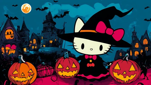 Cute witch cat character in a bright Halloween scene.