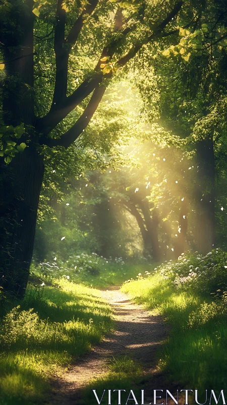 Golden Forest Path: Sunlight Through Ancient Trees.
