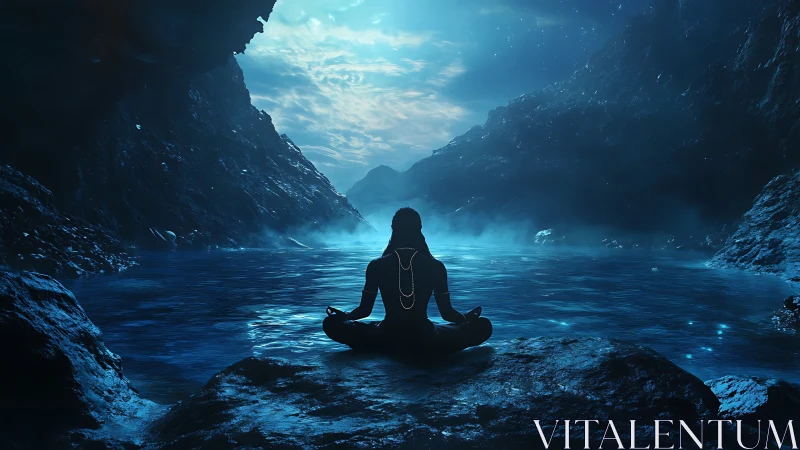 Moonlit cave meditation by a tranquil glowing lagoon.