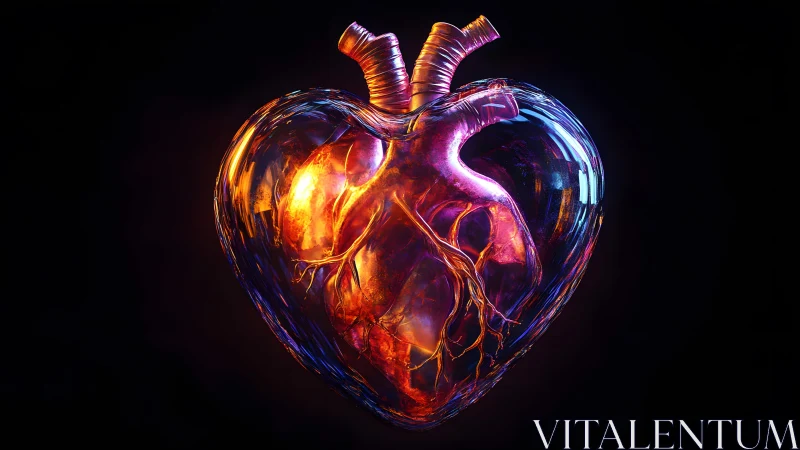 Futuristic Glass Heart with Vivid Lighting and Vascular Details.