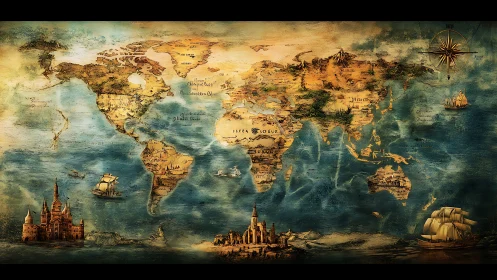Vintage style world map with ships and fantasy cities.