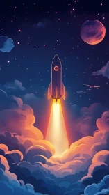 Stylized rocket launch piercing nebula clouds at twilight ascent