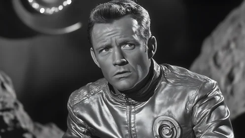 Monochrome portrait of man in metallic sci‑fi uniform.