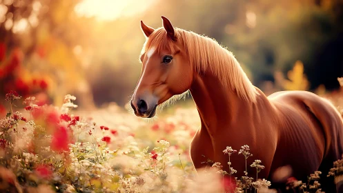 Golden brown horse stands in sunlit wildflower meadow.