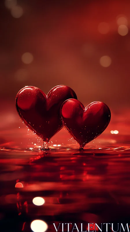 Two glass heart-shaped forms rendered with liquid surface effects.