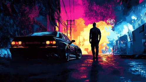 Silhouetted figure and sports car in neon lit urban alley.