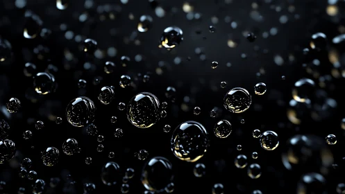 Suspended reflective liquid spheres on dark blurred background.