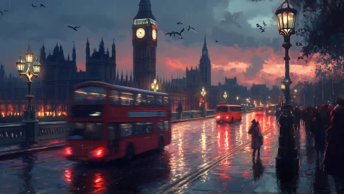 Evening rain over Westminster Bridge with glowing buses.