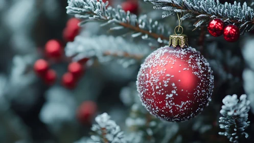 Macro optical study of frosted red bauble on spruce branch.