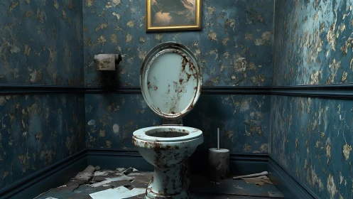 Decaying blue lavatory throne under a forgotten framed painting.