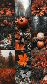 Moody autumn forest collage with leaves, cones, and pumpkin.
