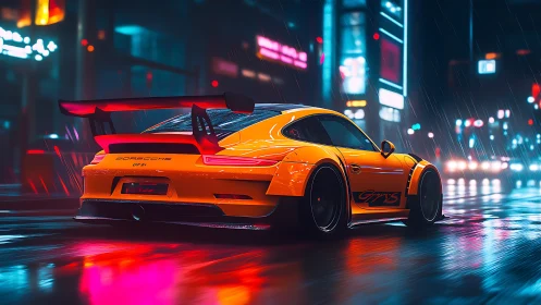 Neon orange sports car cuts through rainy cyberpunk city streets.
