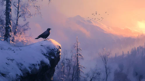 Solitary crow overlooks misty mountains at winter sunrise.
