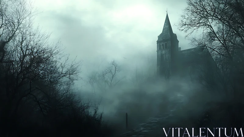 Fog-drowned chapel leans through winter branches toward dusk