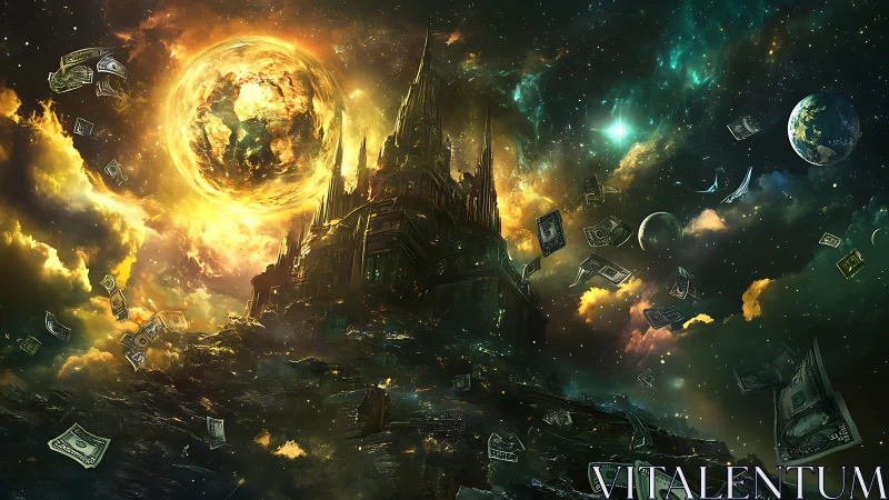 Solar citadel of money storms above a burning cosmic world.