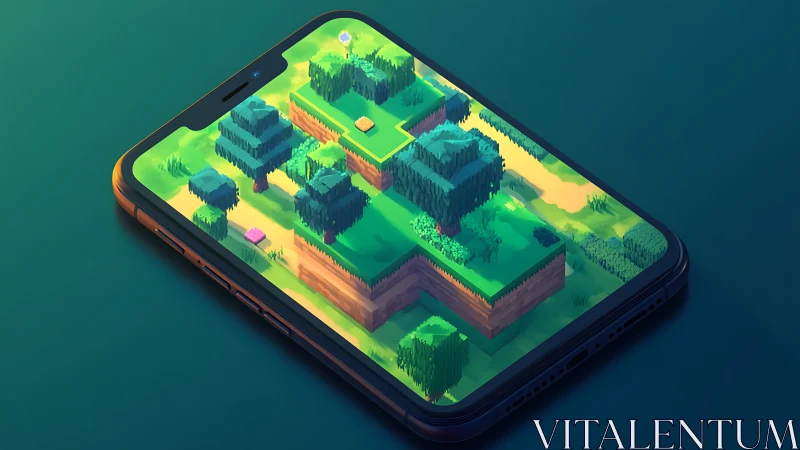 Voxel forest island rises from smartphone screen in 3D.