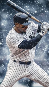 Snowstorm slugger frozen mid-swing in pinstriped focus.