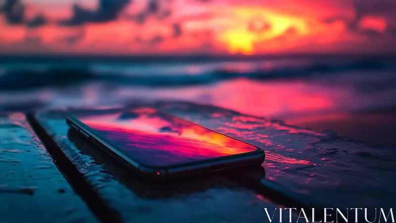 Smartphone reflects neon sunset over a wet shoreline.