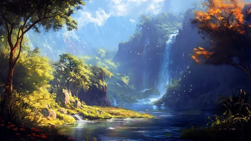 Lush digital valley with waterfall, river and bright trees.