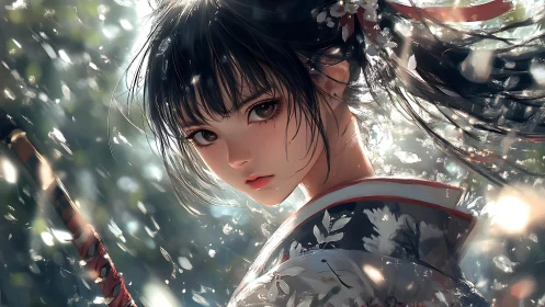Samurai girl amid drifting petals in luminous forest light.