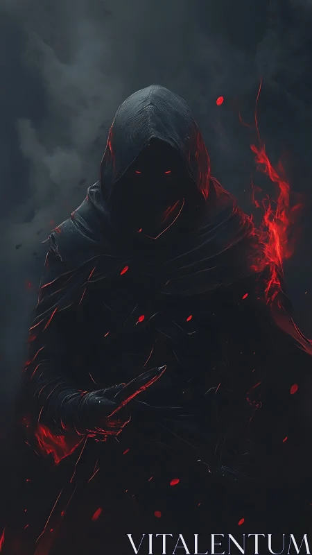 Mysterious hooded rogue glowing with ember red power.