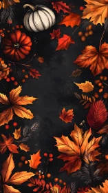 Autumn pumpkins and leaves frame on dark textured background.