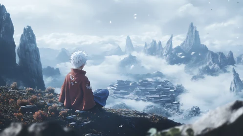 Solitary wanderer overlooking misty mountain cityscape.