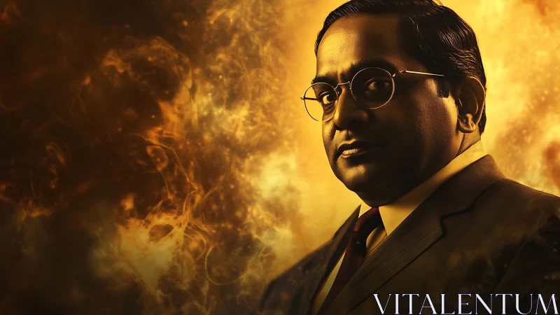 Stoic suited figure emerges from molten golden storm.