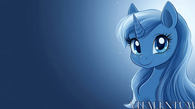 Smiling blue unicorn pony glows softly in a dreamy night