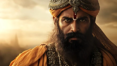 Regal warrior portrait in ornate turban at golden dusk.
