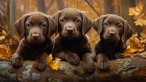 Autumn forest trio of chocolate puppies perched on fallen log.
