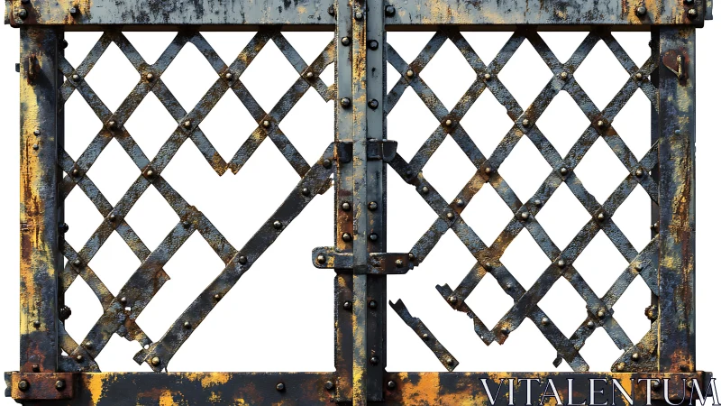 Corroded lattice iron gate with fractured structural geometry.