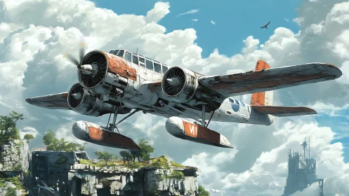 Weathered seaplane drifts through cloud-walled skyways.