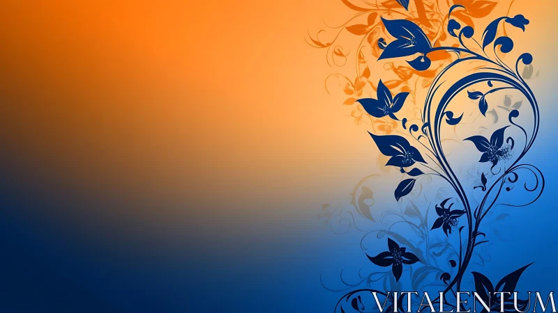 Floral vector silhouette over orange blue gradient background.