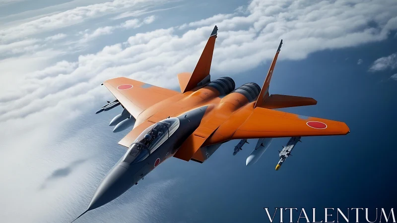 Bright orange jet soars confidently above soft rolling clouds