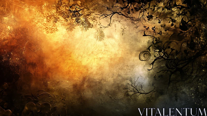 Abstract foliage silhouettes frame a textured, high-contrast glow