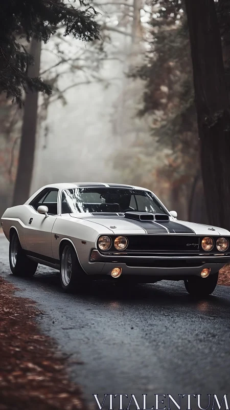 White classic muscle car on wet forest road in foggy light.