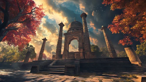 Sunlit stone pavilion amid autumn trees and storm clouds.