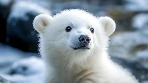 Close-up portrait of young polar bear in snowy habitat.