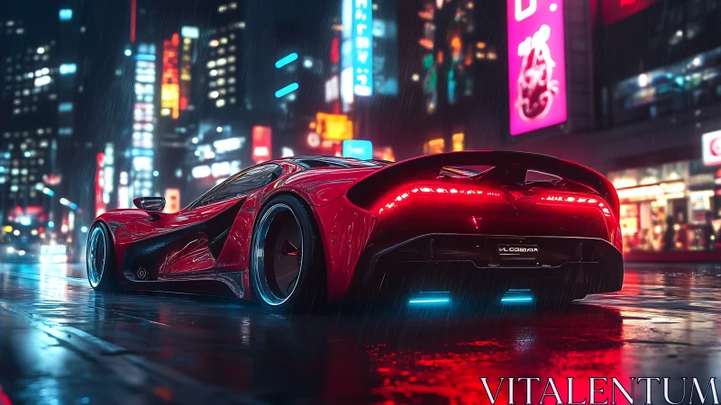 Futuristic red hypercar under neon city rain at night.