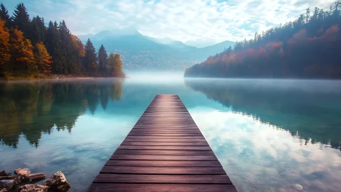 Wooden lakeside pier extending toward misty forested hills.