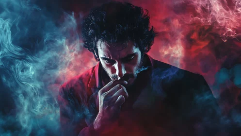 Brooding smoker adrift in blue and crimson stormlight.