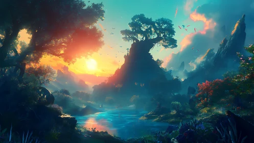 Vivid fantasy river valley under glowing sunset sky.