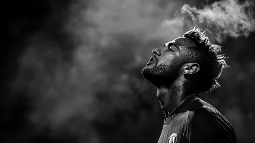 Intense footballer exhales into cold night air under floodlights.