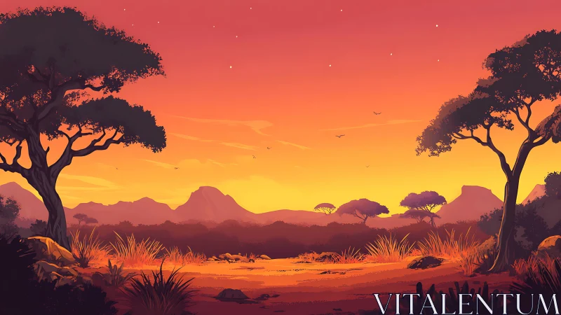 Stylized savanna sunset landscape with layered atmospheric depth