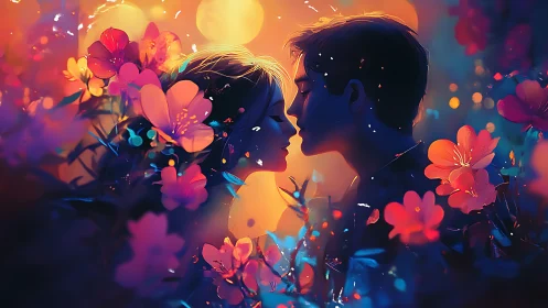 Two Souls Finding Connection Among Glowing Flowers.